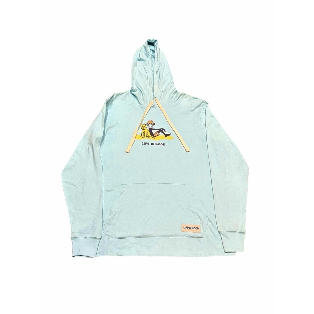 Life Is Good Hoodie Mens Blue Long Sleeves Pullover Hooded Sweatshirt Camping S